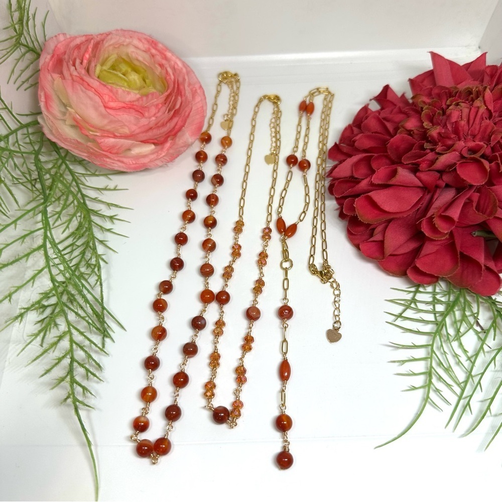 NEW⚜️Carnelian & Coral Lariat Beaded Necklace - Picture 6 of 7
